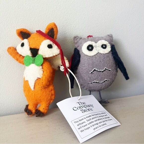 The Company Store Handcrafted Set of Owl Fox Holiday Felt Ornaments, New - Picture 1 of 5